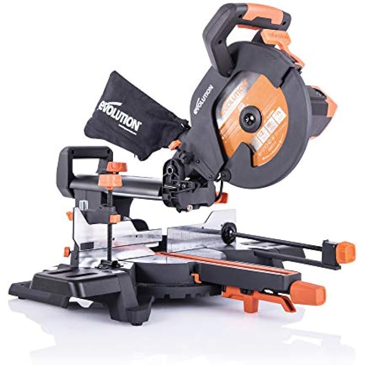 Evolution Power Tools R255SMS PLUS 10-Inch Sliding Miter Saw Plus Multi-Material Multi-Purpose Cutting Cuts Metal, Plastic, Wood & More 0 - 45 Bevel & 50 - 50 Miter Angles TCT Blade Included