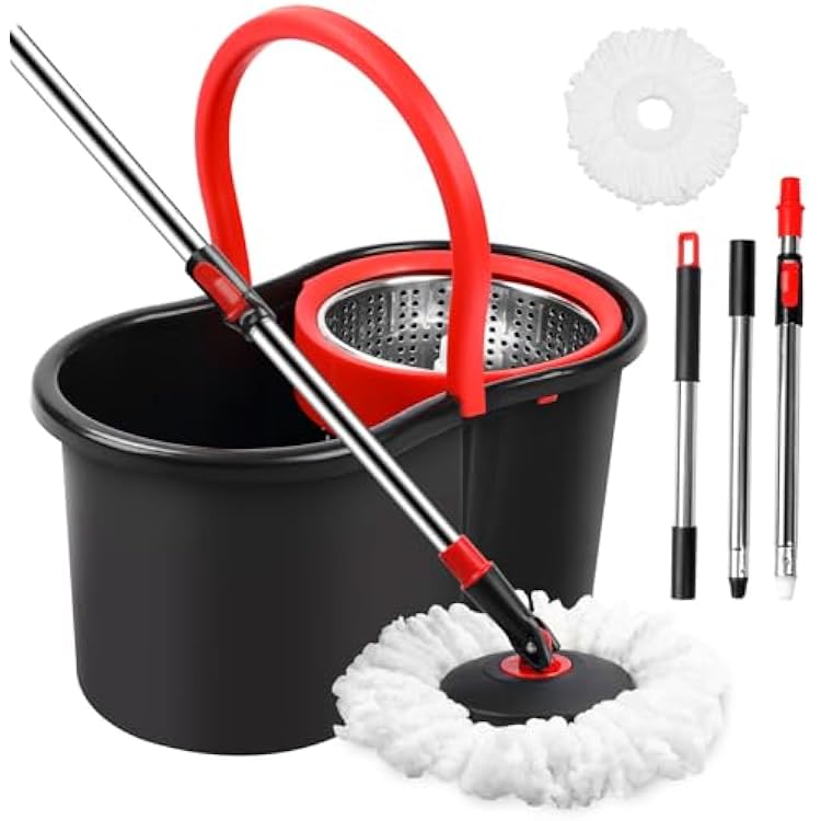 Spin Mop and Bucket, Mop and Bucket with Wringer Set for Home, 360 Spinning Mop Bucket Floor Cleaning Tool with One Microfiber Mop Replacement Head Refills,50 Extended Handle for Floor Cleaning Home