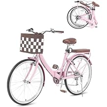 26 Inch Foldable Beach Cruiser Bike Womens Bicycle with Basket, 7 Speed Bikes for Women, Womens Bike Commuter Bicycle for Adult, Dual V-Brake Complete Cruiser Bikes, 330lbs Capacity Pink