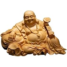 Hand -Carved Solid Wood Laughing Buddha Statue,Wealth Lucky Buddha Statue Home Office Decor,Happy Buddha Maitreya Figurines Feng Shui Decor