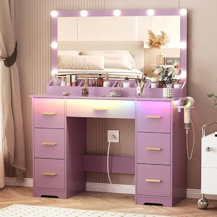 Vanity Desk with Mirror, Makeup Vanity with 9 LED Lights and 7 Storage Drawers & Glass Top and Power Outlet & 3 Lighting Modes and Brightness Adjustable, Dressing Table for Bedroom, Modern Purple