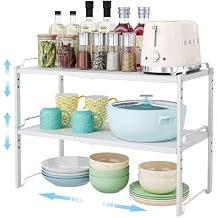 2 Pack 11 Width Expandable Kitchen Cabinet Organizer Shelves, Heavy Duty Kitchen Countertop Organizers and Storage Rack, Stackable Metal Small Storage Shelf For Pantry Counter Cupboard Organization
