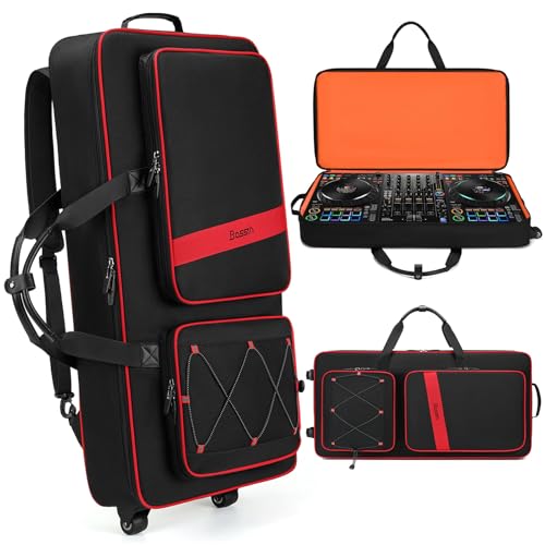 BOSSTIN DJ Controller Case with Wheels Compatible with DDJ FLX10 1000 FLX6 REV7 REV5, Rolling DJ Case for Equipment, Padded Large DJ Backpack with Multi-Pocket for Laptop Accessories Black Red