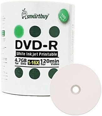 Smart Buy 100 Pack DVD-R 4.7gb 16x White Printable Inkjet Disc, 100pk | Blank Recordable Media Disc, Hold Roughly 120 mins of Data, Full White Surface for Inkjet Printer, Plastic Wrap Packaging