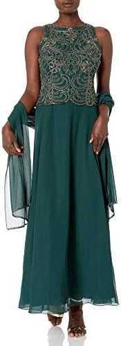 J Kara Womens Petite Sleeveless Scallop Long Beaded Dress WScarf