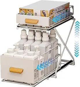 Adjustable Height Metal Under Sink Organizer, Pull Out Cabinet Organizer Shelf with Sliding Drawer for Kitchen Bathroom Spice Organizers and Storage