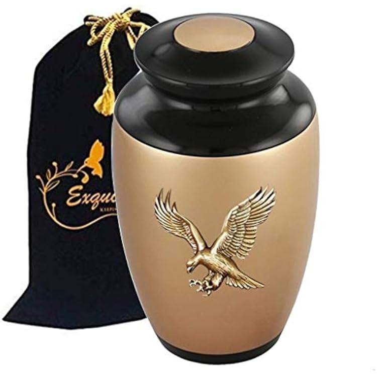 Exquisiteurns Custom Gold Applique Cremation Urn - Adult Cremation Urn - Handcrafted Funeral Urn for Ashes - Metal Cremation Urn - Great Deal Free Bag Flying Eagle