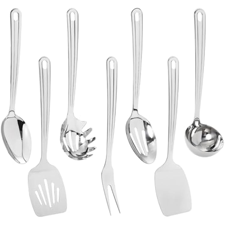 Stainless Steel Cooking Utensils Set - 7 PCS Serving Utensils, Cooking Utensil, Solid Spoon, Slotted Spoon, Fork, Spatula, Ladle, Slotted Spatula Tunner, Spaghetti Spoon