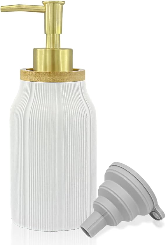 Striped Soap Dispenser,16 Oz Hand Soap Dispenser for Bathroom & Kitchen Countertops,Soft Touch Hand Lotion Dispenser with Pump, Durable and Stylish Design,Packaging Includes Silicone Funne (White)