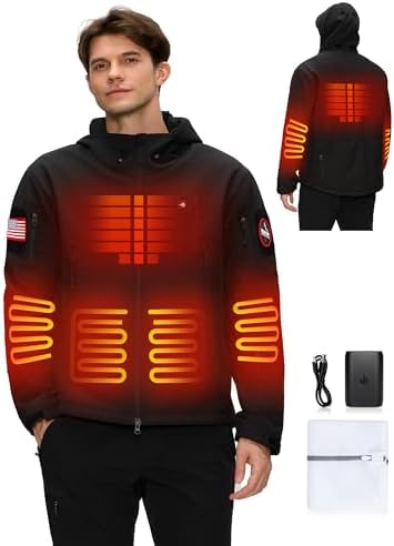Heated Jacket for Men with 12V Battery Pack, Winter Outdoor Soft Shell Electric Heating Coat with Foldable Hood