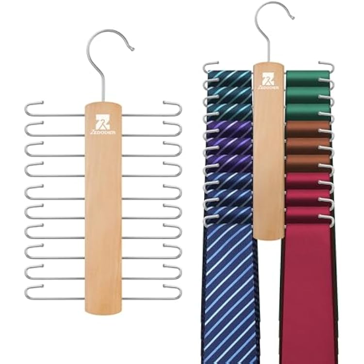 ZEDODIER 2 Pack Wooden Tie Rack, Tie Hanger for Men Closet, 40 Storage Capacity, Non-Slip Rotatable Tie Organizer, Hanging Space Saving Holder, Natural
