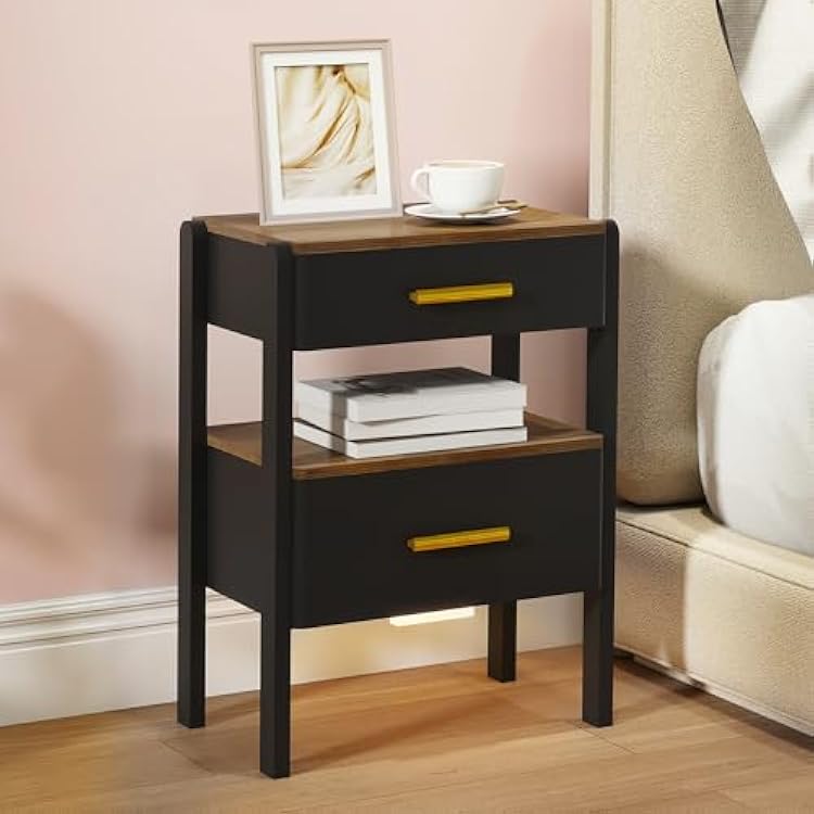 Nightstand with 2 Drawers and Open Shelf Wooden Bedside Table Gold Handles Modern Storage Night Stand Sensor Light for Bedroom, Black and Brown