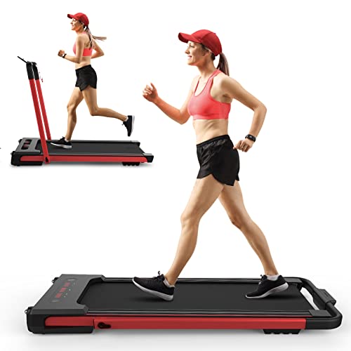 LeapYouth 2 in 1 Under Desk Treadmill, 2.25HP Folding Electric Treadmill with Remote Control and LED Display,Walking Jogging Running Machine for Home Office Use, Installation-Free, Red