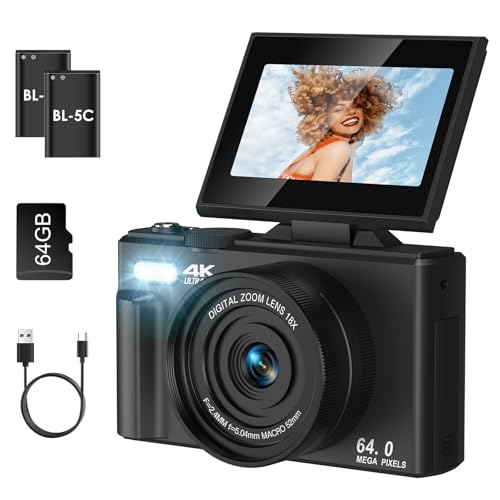 LAMA 4K UHD 75MP Digital Camera for Photography - 18X Zoom, Autofocus, 64GB, Anti-Shake WiFi Vlogging Camera with Fill Light, 180 Flip Screen Compact Vlog Travel Camara for YouTube, Two Batteries, BK