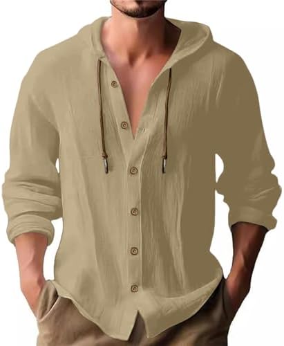 Long Sleeve Linen Shirts for Men Casual Button Down Boho Beach Shirt Slim Fit Oversized Basic Hawaiian Hoodie Shirts