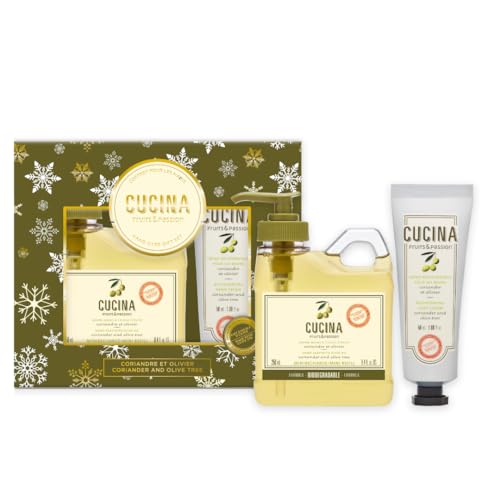 Fruit & Passion Cucina Coriander & Olive Mini Hand Soap Refill 250ml and Nourishing Hand Cream 50ml Holiday Gift Set Bundle