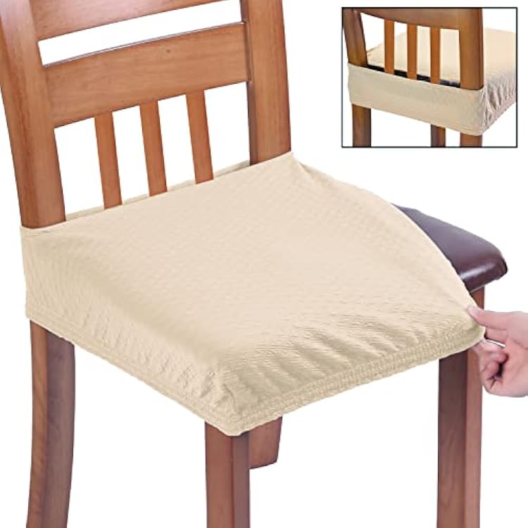 BUYUE Fast Installation Dining Room Chair Covers Set of 4, TPU not Mixed, Friendly Stretch Jacquard Seat Slipcovers for Kitchen Armless Chairs, Rear Gapped- Beige- 4