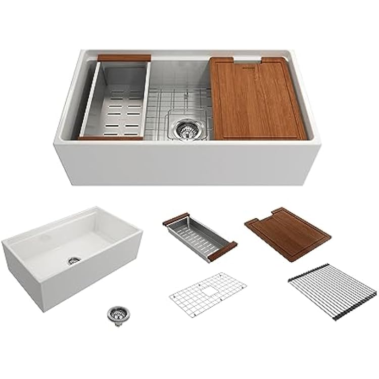 BOCCHI Contempo Workstation Apron Front Step Rim Fireclay 33 in. Single Bowl Kitchen Sink with Accessories in White