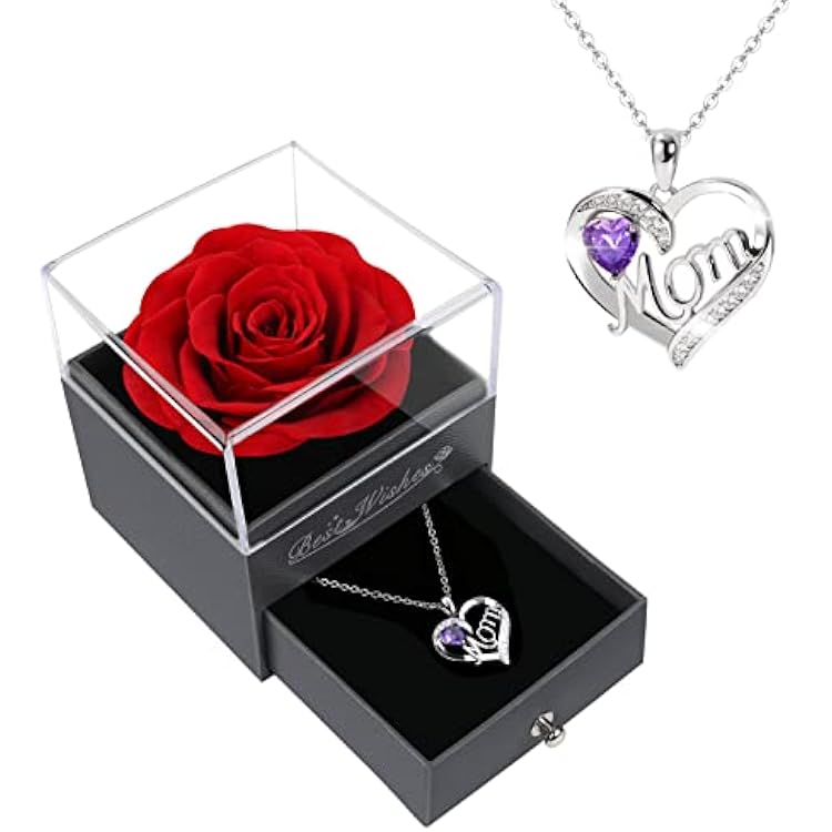 Childom Birthday Gift for Women,Red Preserved Flowers Rose Gifts for Mom,Christmas Flowers Gifts For Women Wife,Real Rose Present with Mom Necklace for Romantic Valentines Birthday Anniversary Holiday