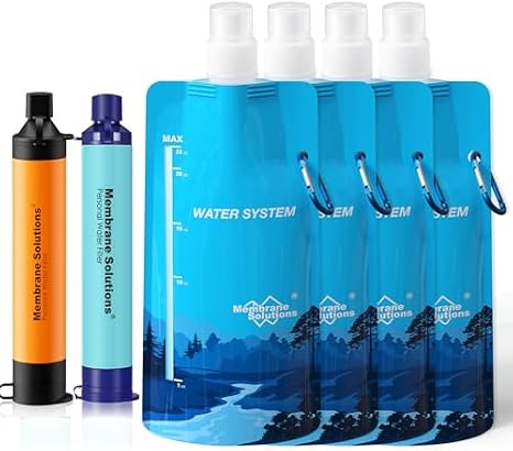 Membrane Solutions Squeezable Water Filtration System, Survival Water Purifier Kit, Portable Backpacking Gear Including Water Filter Straw and 23oz Collapsible Bottle for Hiking Camping Travel(2+4)