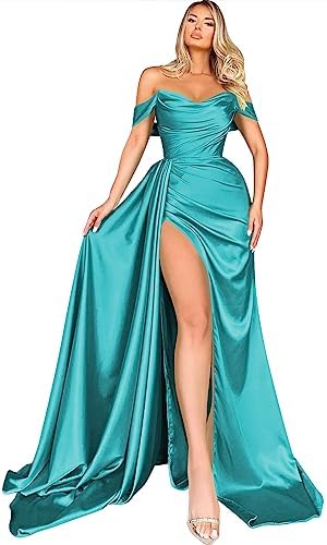 Miao Duo Womens Off Shoulder Mermaid Prom Dresses Long with Slit Pleates Wrap Satin Formal Evening Gowns MDPM104