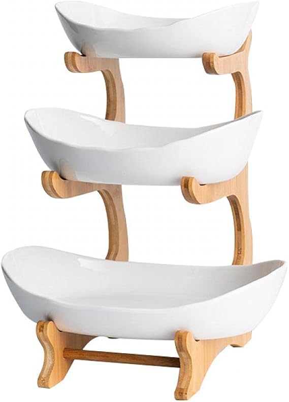 YYW 3 Tier Ceramic Fruit Basket with Bamboo Wood Stand for Kitchen Counter | Large Capacity Porcelain Fruit Bowl for Storing Fruits, Vegetables, Bread, and Snacks. Durable and Stylish Kitchen Storage