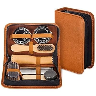 Shoe Shine Kit with PU Leather Sleek Elegant Case, 7-Piece Travel Shoe Shine Brush kit