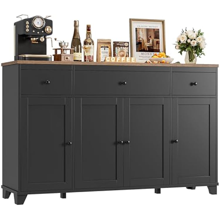 HIFIT 55 Large Kitchen Buffet Cabinet with Storage Drawers, Farmhouse Sideboard Buffet Table Storage Cabinet with Doors and Shelves, Wood Coffee Bar Cabinet for Kitchen Dining Living Room, Black