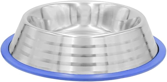 INDIPETS Non-Tip Dish with Silver Stripe with Blue Silicon Ring: Non-Skid Pet Water and Food Bowl | 32 oz, Stainless Steel (PN: 800214A)