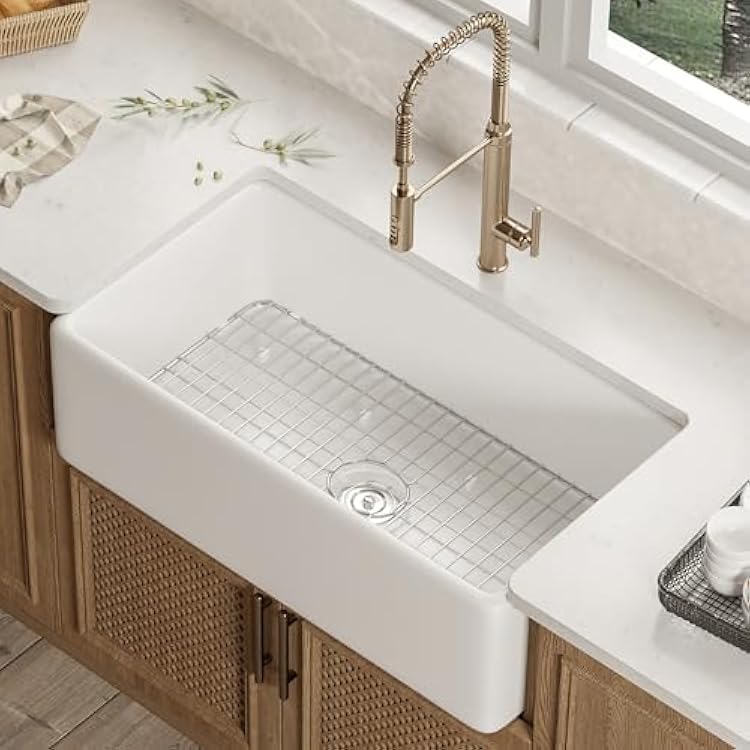 DeerValley Farmhouse Kitchen Sink 30 Inch, Fireclay White Apron Front Farm Sink, Single Bowl Deep Drop-in Undermount Reversible Sink with Grid & Strainer