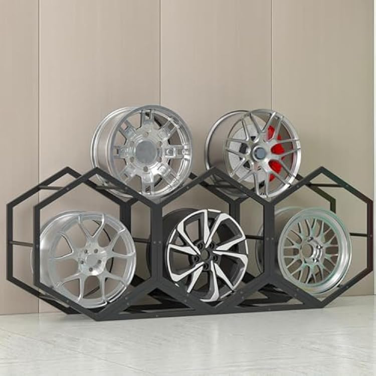 Rims Tire Rack for Garage, Home Trade Show Auto Repair Shop Floor Standing Tyre Hexagon Display Stand, Triangle Iron Base Wheel Organizer Holder Size : 32204x39x78cm
