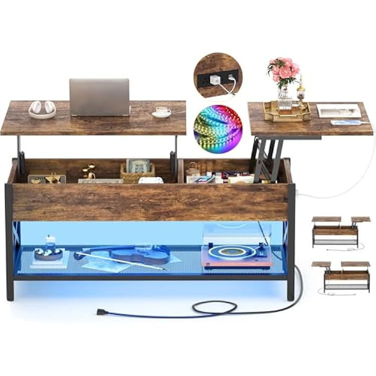 Besiost Coffee Table, Lift Top Coffee Table with Storage, LED Light & Power Outlet and Hidden Compartment, Retro Center Table for Living Room, X Support Wood Tabletop, Metal Frame,Black