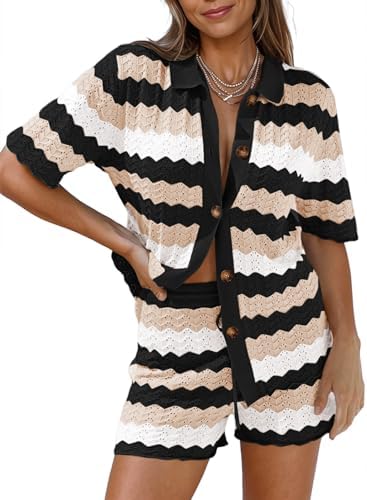 Pink Queen Women Knit Shorts Set 2 Piece Outfits Short Sleeve Button Down Sweater Top and Shorts Lounge Set