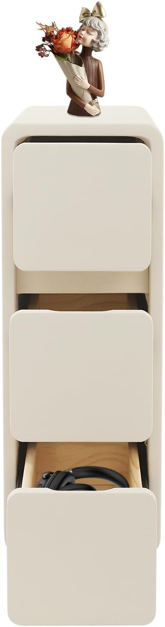 Narrow Nightstand with 3 Drawers, Solid Wood Cream Bedside Table, No Assembly Required, PU Wrapping Small Nightstand for Bedrooms, Dormitories, Living Rooms, Offices, Study Rooms Etc