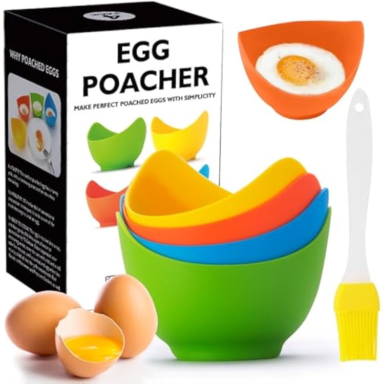 Poached Egg Cooker - Egg Poaching Cups, Non-Stick Silicone, Microwave & Stovetop, 4 Pack, BPA Free
