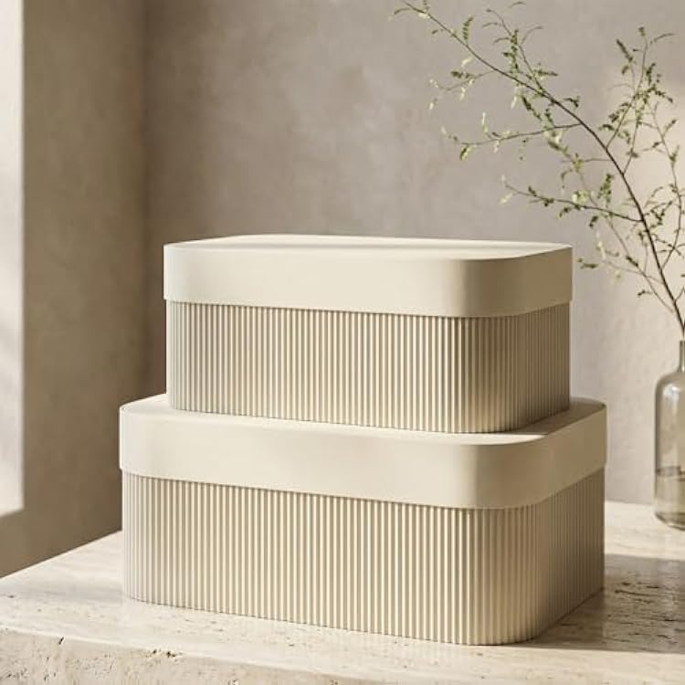 Decorative Storage Boxes with Lids Set of 2 Beautiful Fluted Cardboard Organizer Bins for Your Home Bookshelf Decor to Safely Store Your Documents, Memory Box Items and Other Keepsakes in Style