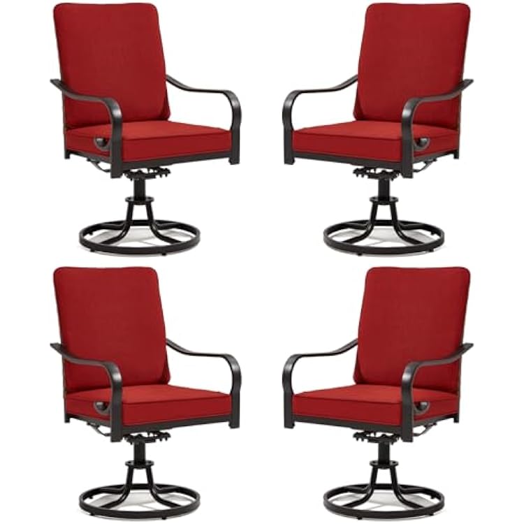MELLCOM Patio Swivel Chair Set of 4, Outdoor Dining Chairs with Thickened Cushions, Leather-Look Wicker Chairs with Gentle Rocker for Porch, Garden, Backyard, Poolside, Deck, Red