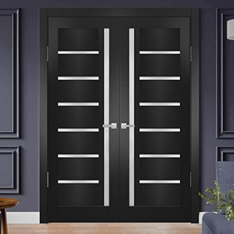 SARTODOORS Quadro 4088 Interior Doors 60 x 84 in, Black Matte Frosted Glass Solid French Double Door, Solid MDF Core, Frame and Satin Nickel Hardware Included