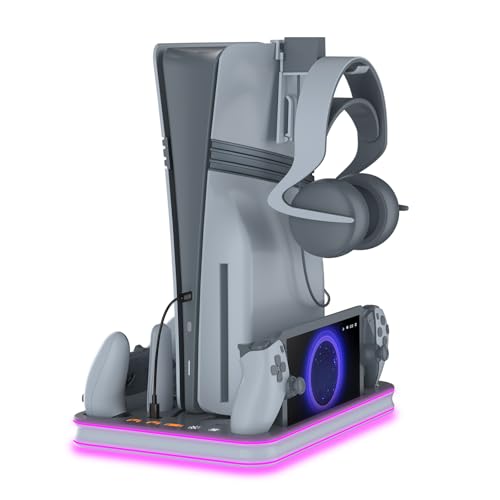 RGB Stand with Cooling & Charging Station for PS5 Consoles Compatible with Slim & Pro Versions, Supports DualSense, Edge, PS Portal Gray Vertical Organizer with LED Lights
