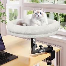 Large Cat Desk Bed, 360Rotating & Adjustable Shelf, 18" Thickening Cat Bed for Desk, Soft Faux Fur with Mat, Suitable for Various Desktops - Maximum Hold Up to 50lb (White)