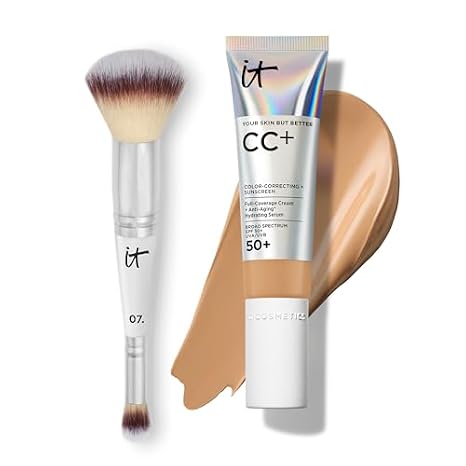 IT Cosmetics CC+ Cream with SPF 50+ Natural Finish Full Coverage Foundation (Tan Warm - 1.08 fl oz) & 2-in-1 Concealer and Foundation Brush #7 for Buffing and Blending Face Makeup