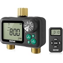 RESTMO Remote Control Brass Sprinkler Timer for Outdoor Hose Faucet 2 Zone, Max 11h59m Water Timer for Long Watering Soaker Hose, Misting with Large Dial, Rain Delay/Manual/Auto for Drip Irrigation