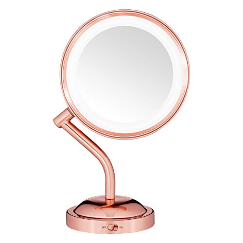 Conair Lighted Makeup-Mirror with Magnification, LED Vanity-Mirror, 1X5X Magnifying-Mirror, Double Sided-Mirror, Operated in-Battery Rose Gold