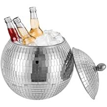 Disco Ice Bucket Set with Lid Mirror Silver, Disco Beverage Tubs Disco Bowl Vase Cup Drink Bucket Ice Barrel Retro Double Insulated Stainless Steel Bucket, Removable and Washable, 5.91*3.66in