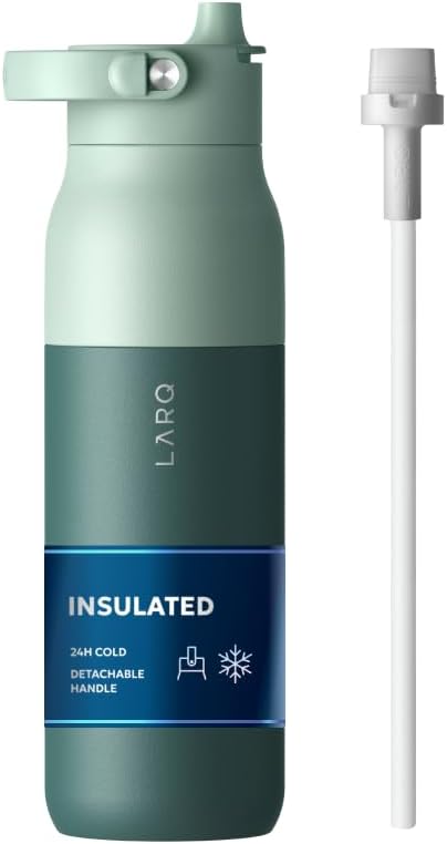 LARQ Swig Top Insulated Stainless Steel Water Bottle with Straw, Detachable Silicone Handle, Vacuum 24h Cold, BPA-Free Metal Bottle for Gym, Travel, Office, Wide Mouth for Ice 34 oz, E. Green