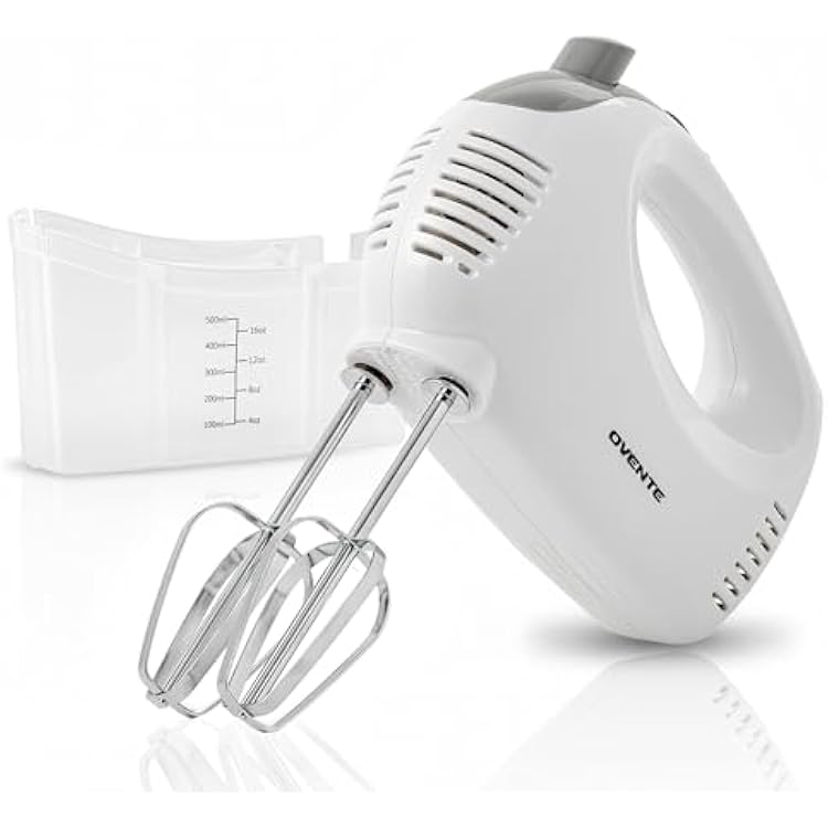 OVENTE 5-Speed Corded Electric Hand Mixer with Stainless Steel Whisks, Compact Portable Design with Snap-On Storage Case,150W Lightweight Handheld Mixer for Baking & Cooking, White HM151W