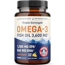 Triple Strength Omega 3 Fish Oil 3600 mg | EPA & DHA | Over 2100mg Omega-3 Fatty Acids | 1300mg EPA + 860mg DHA | Best Essential Fatty Acids | Premium Wild Caught & Burpless Fish Oil | 180 Ct