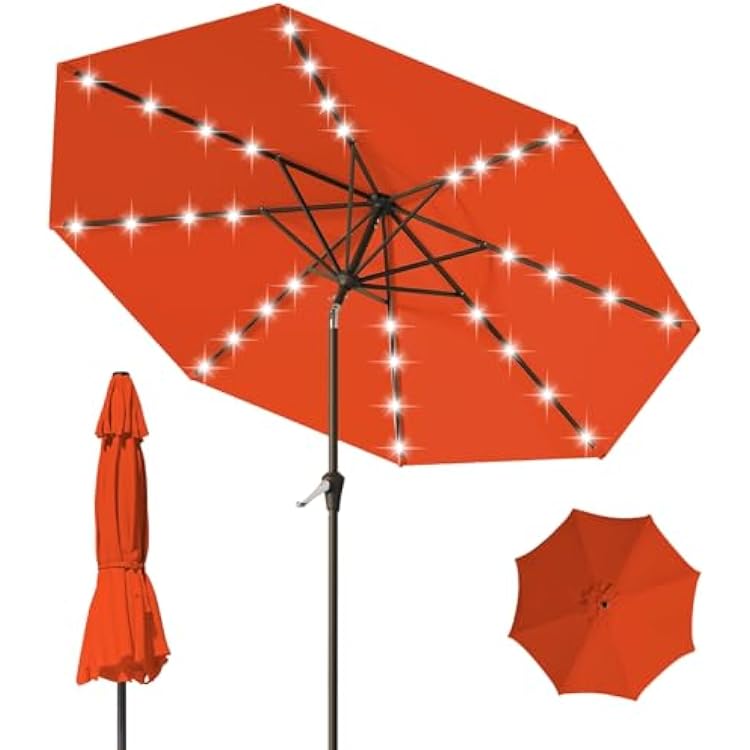 9FT Patio Umbrella with Solar Lights,Outdoor Market Umbrella with Tilt and Crank, LED Lighted Table Umbrella for Garden,Deck,Backyard,Pool,Beach Orange