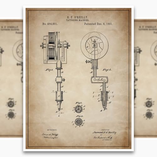 SnooozeWorks Tattoo Machine Patent Poster - Premium Patent Decor, Unframed Antique Parchment, 12x18