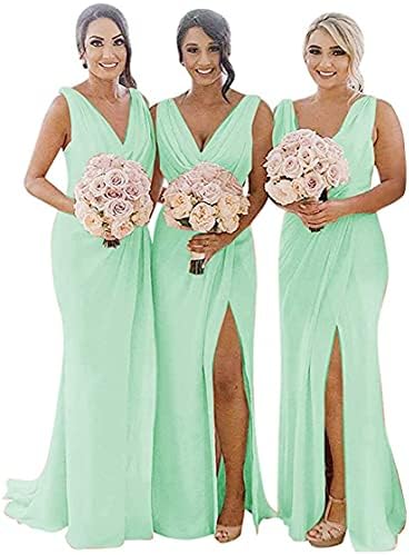 Split V Neck Wedding Formal Prom Dress Evening Gowns Long for Women Bridesmaid Dresses